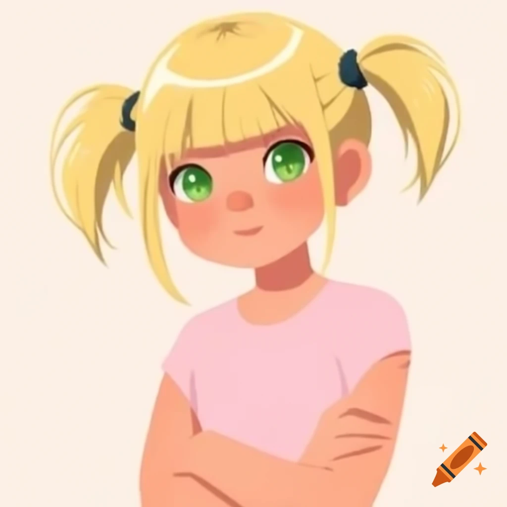 Anime girl with blonde hair and green eyes wearing a pink t-shirt