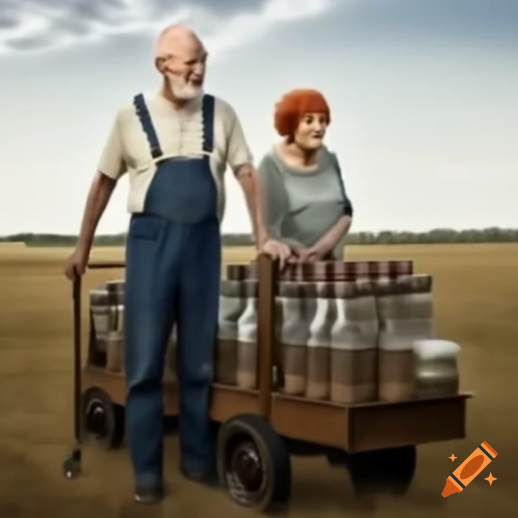 Elderly couple in open field, man in coverall jeans and woman in vintage farm dress
