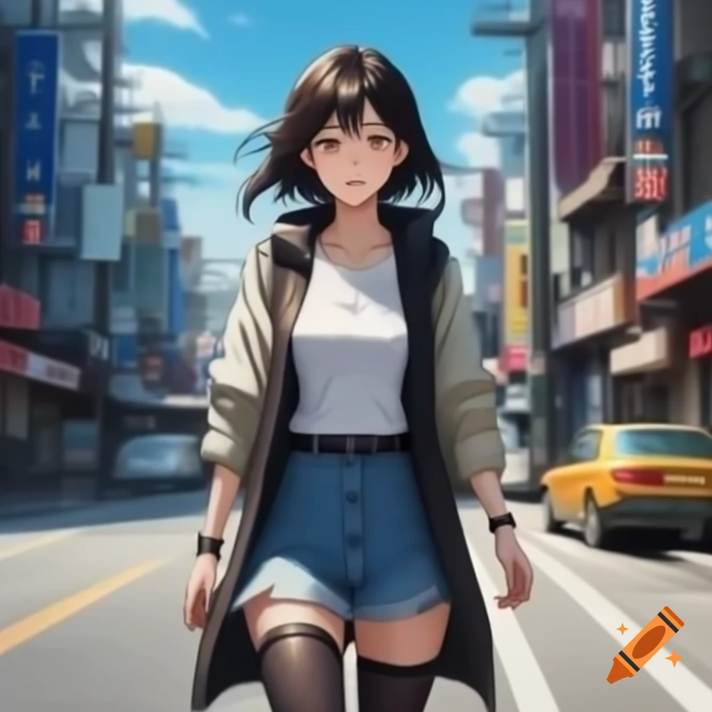 Anime-style illustration of a beautiful woman walking in the streets