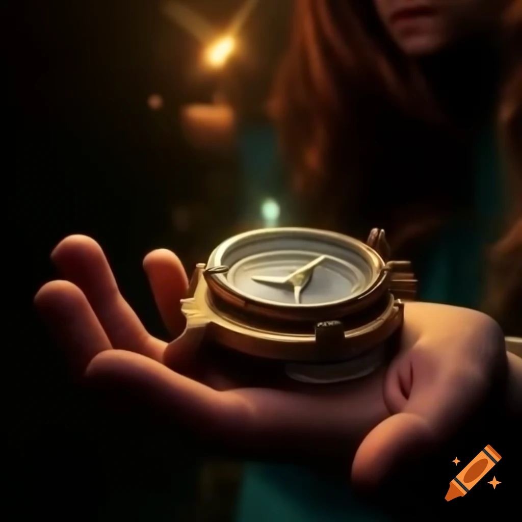 Close-up of glowing compass on mountaintop with magical light and continent connections