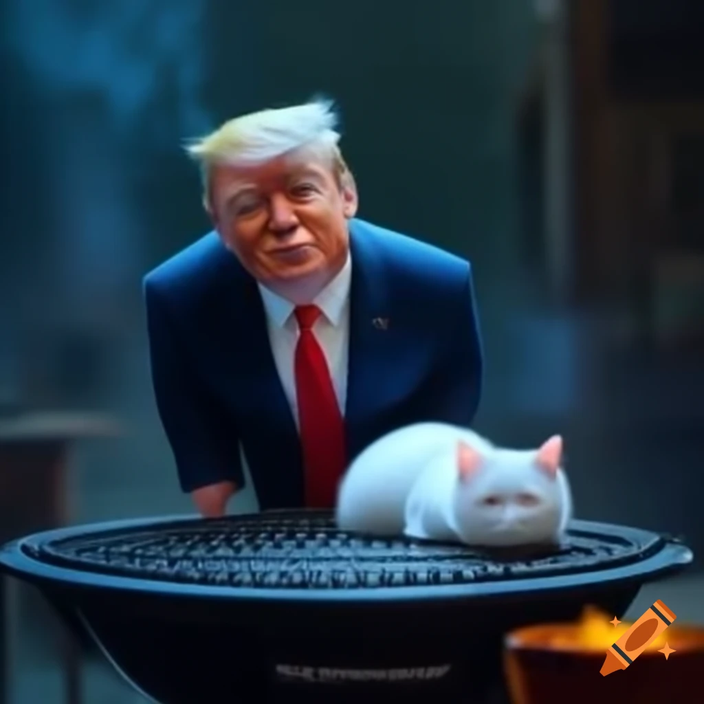 Donald Trump grilling with a cute white kitten sleeping nearby