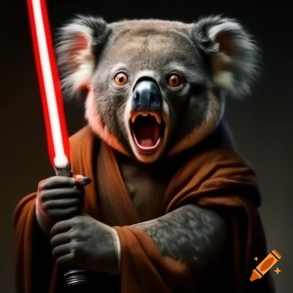 Angry koala as a Sith Lord holding a lightsaber