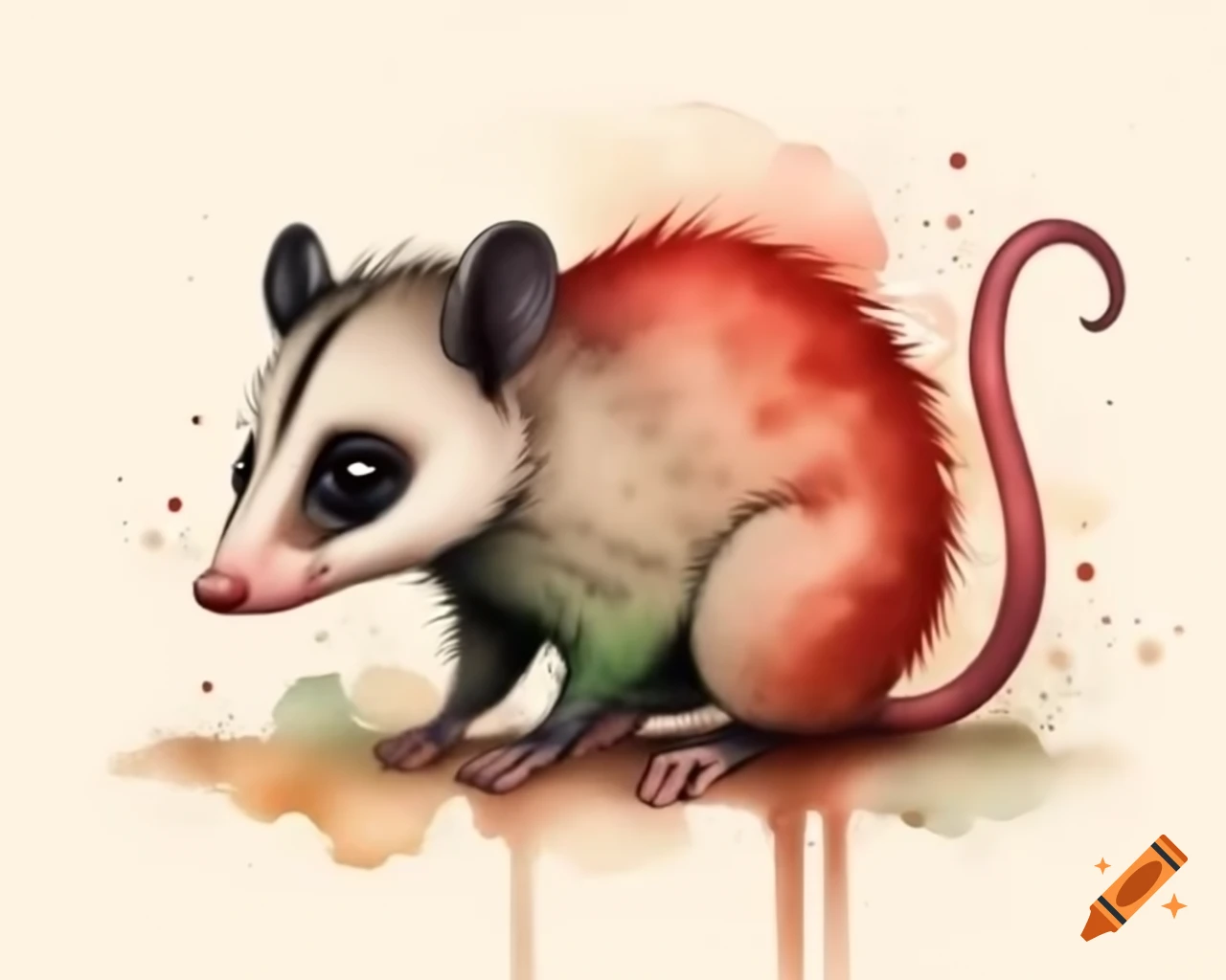 Gum nut baby possum in watercolor cartoon style with red, green, and gold shades
