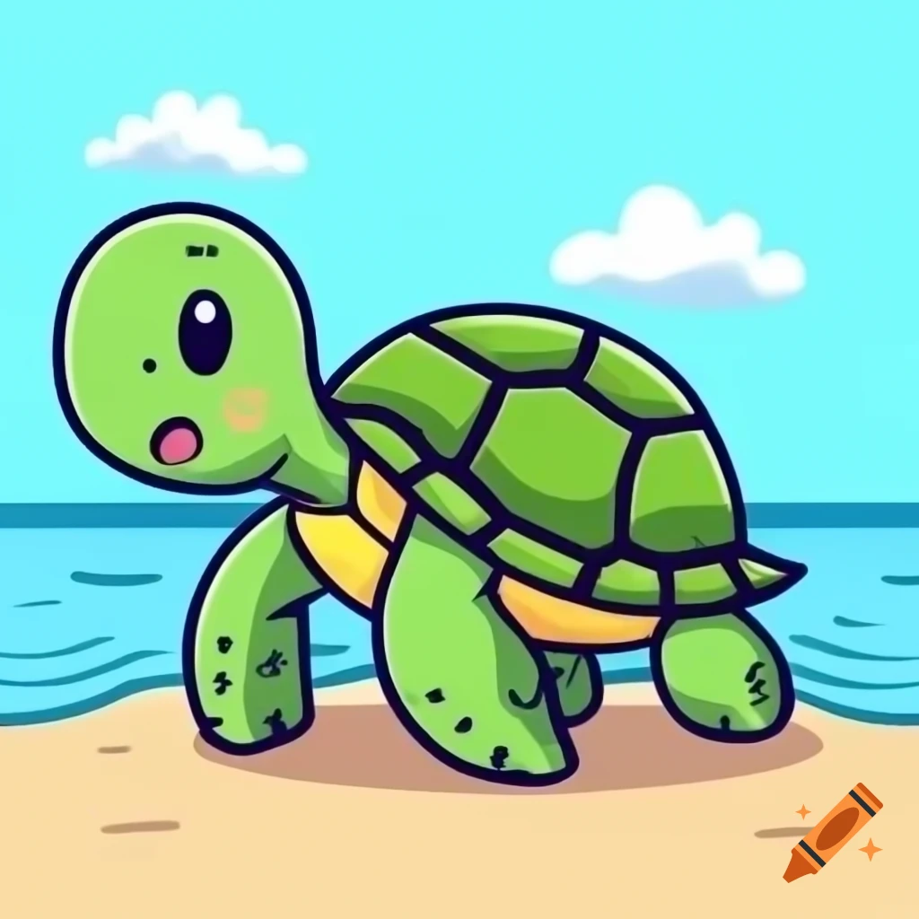 Cartoon turtle with hatchlings on a beach