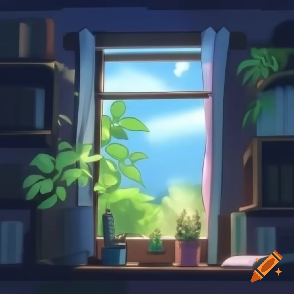 Peaceful window view with plants and books in manga style