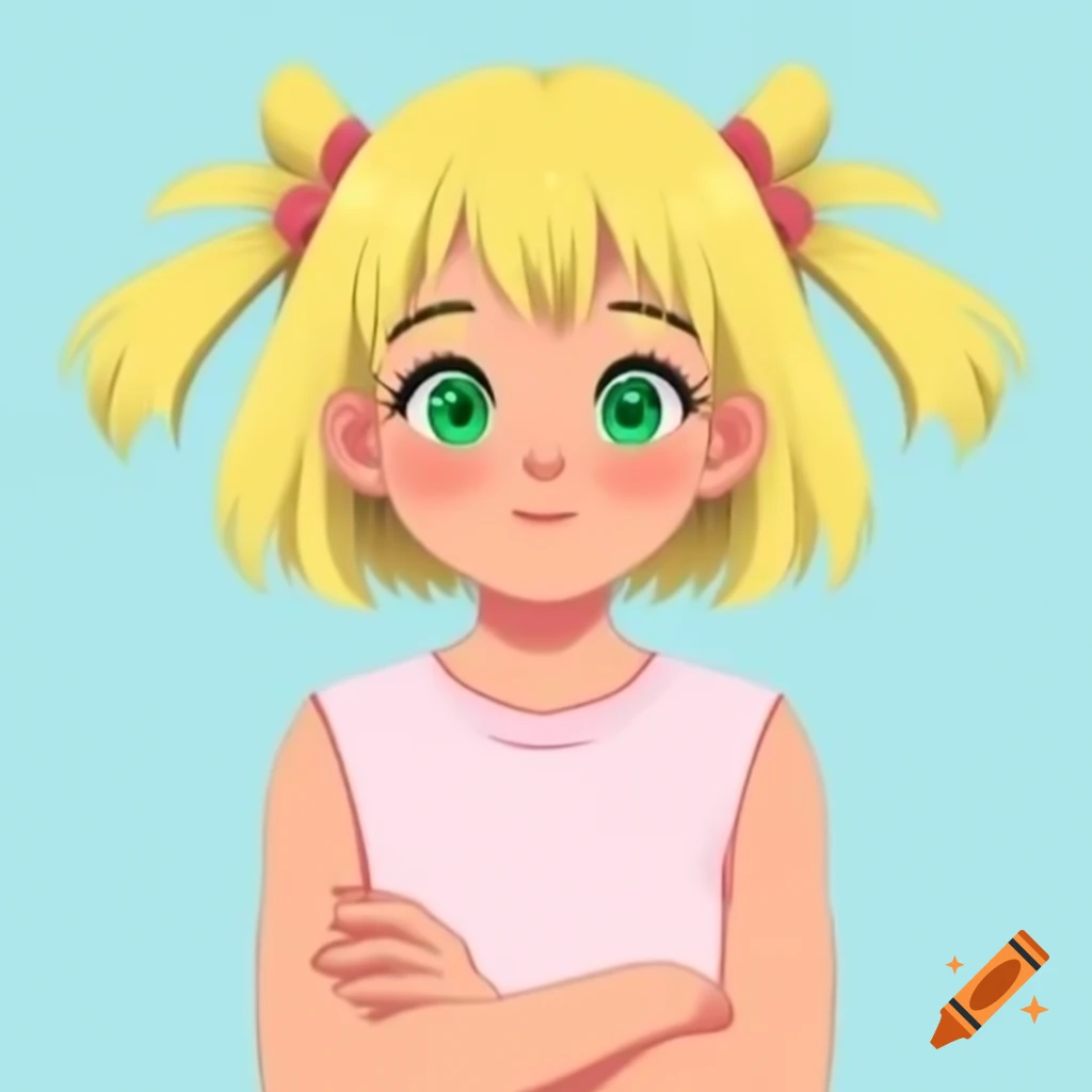 Anime girl with blonde hair and green eyes in pink sleeveless t-shirt