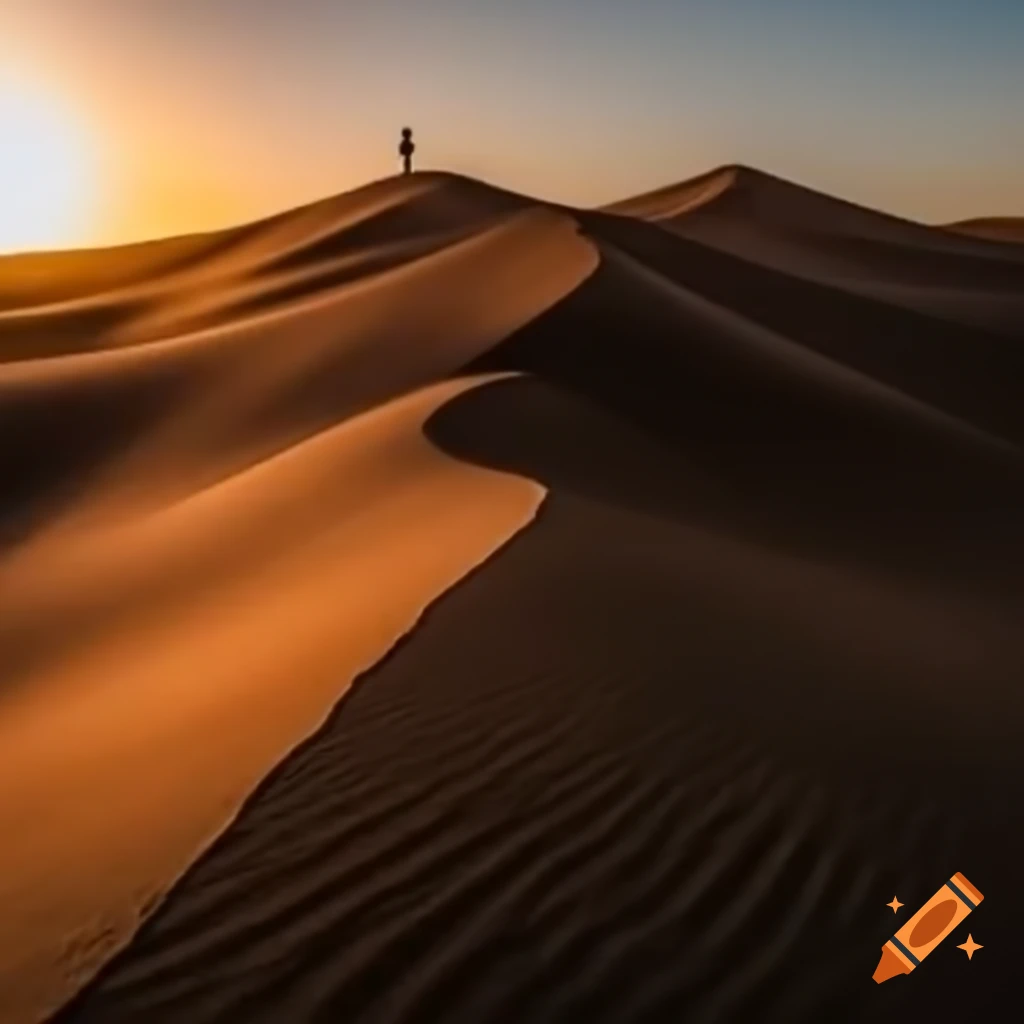 Solitary figure walking on sand dunes with warm glowing light
