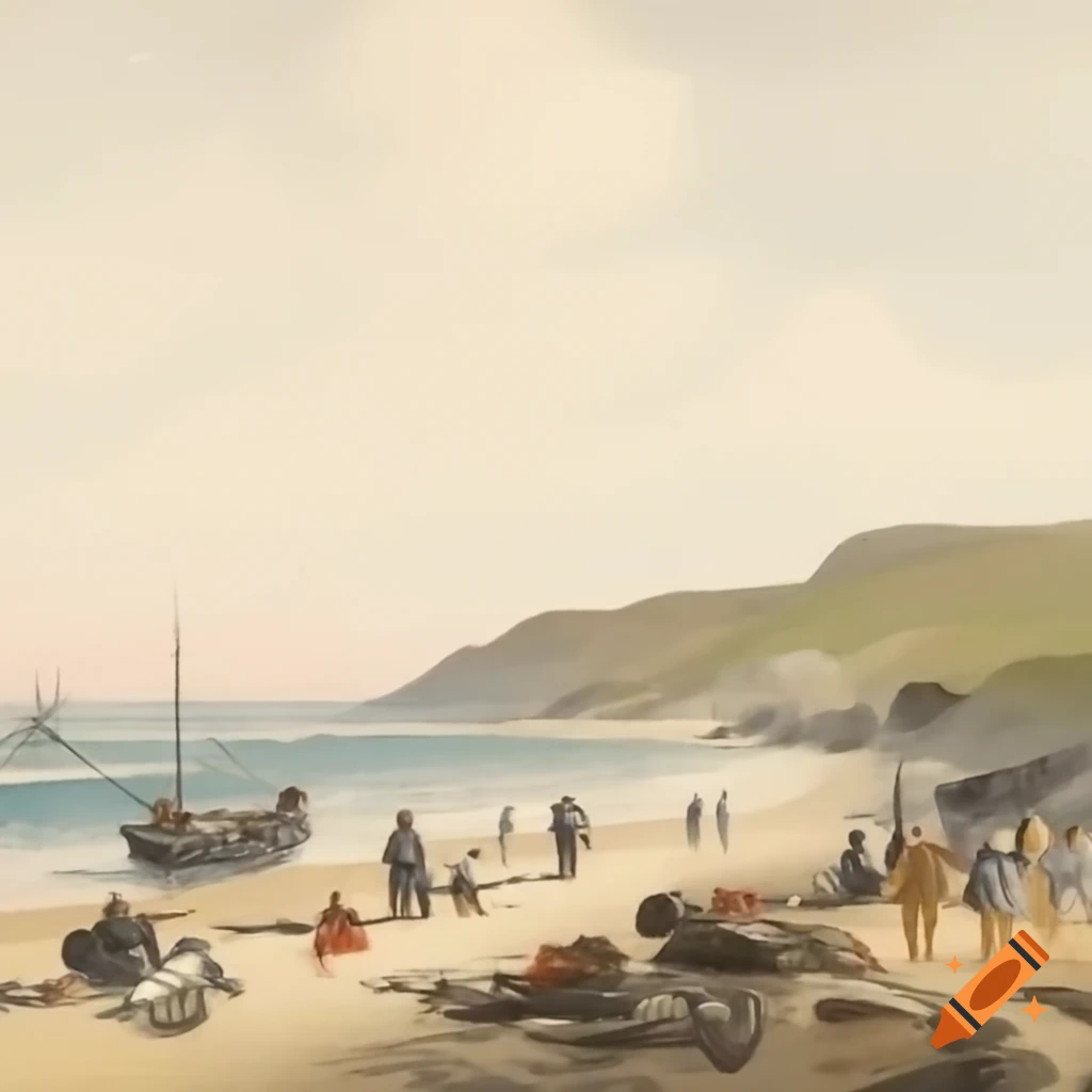 Colored sketch of 1800s beach scene with Napoleon and soldiers from Isle of Elba