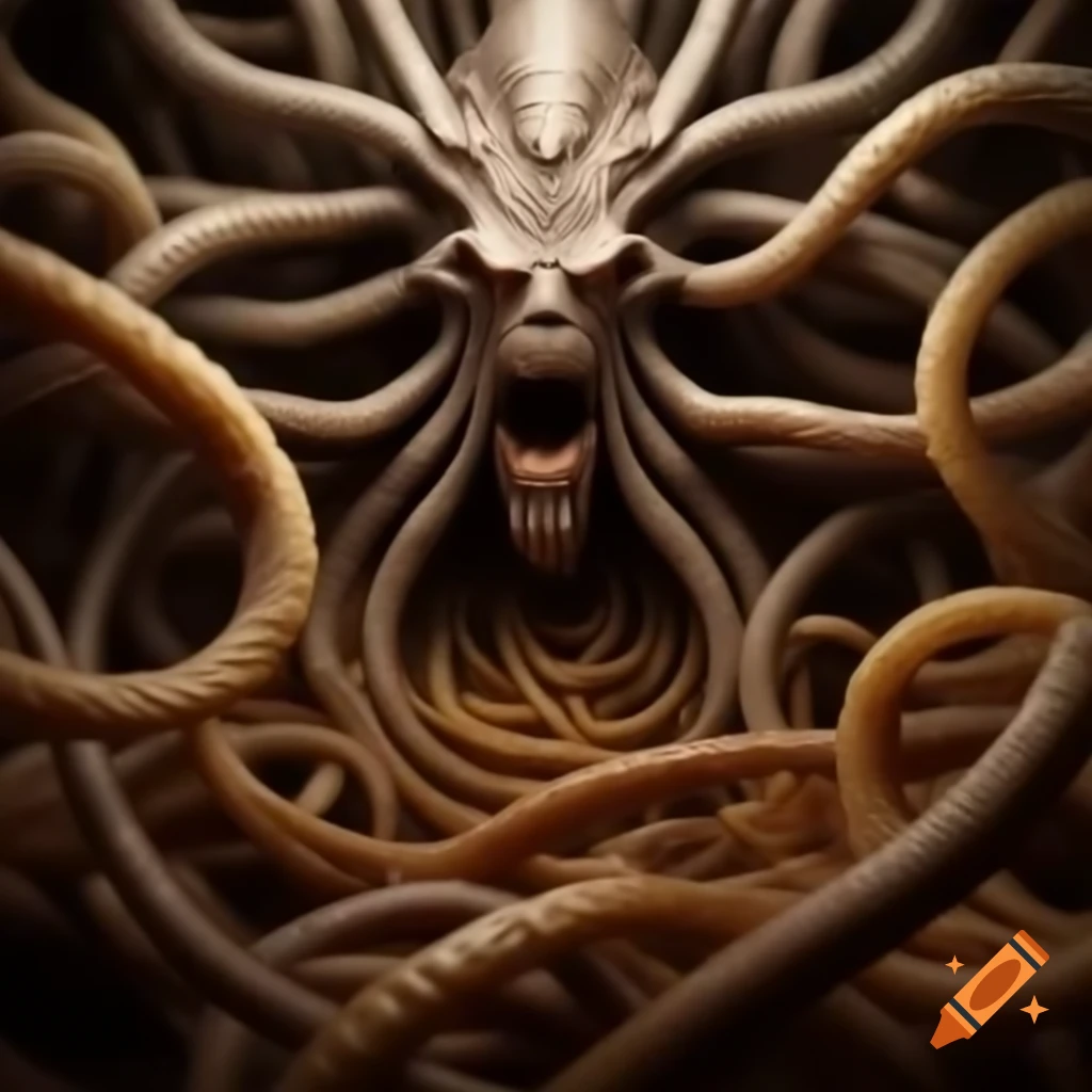 Colossal Eldrazi titan with tentacles made of spaghetti in a bizarre scene