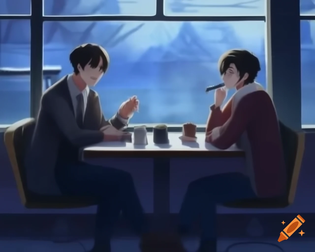 Professionally dressed anime characters enjoying coffee by the window on a winter day