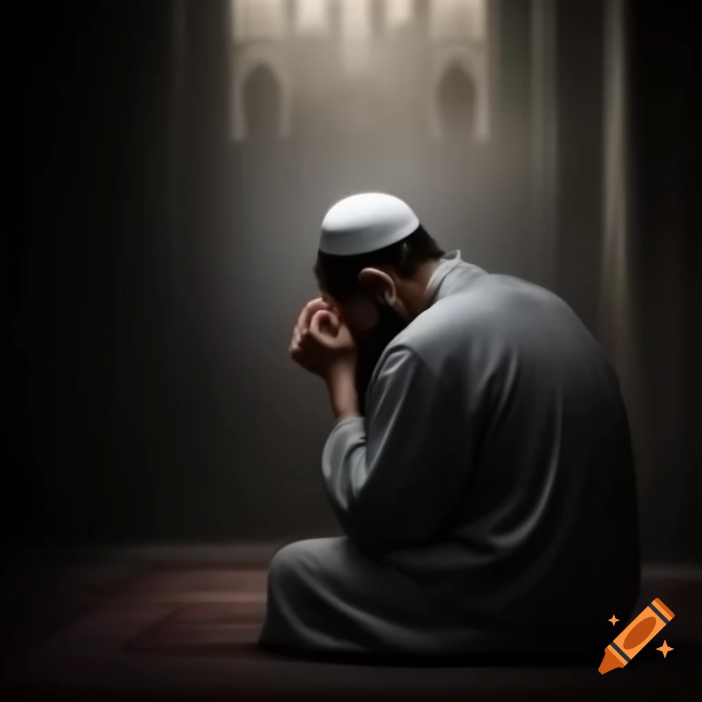 Muslim man praying with emotional expression