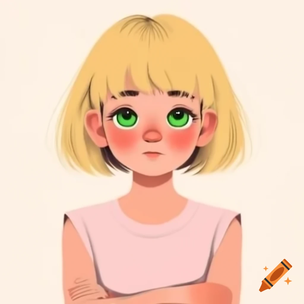 Anime girl with blonde hair and green eyes in pink sleeveless t-shirt