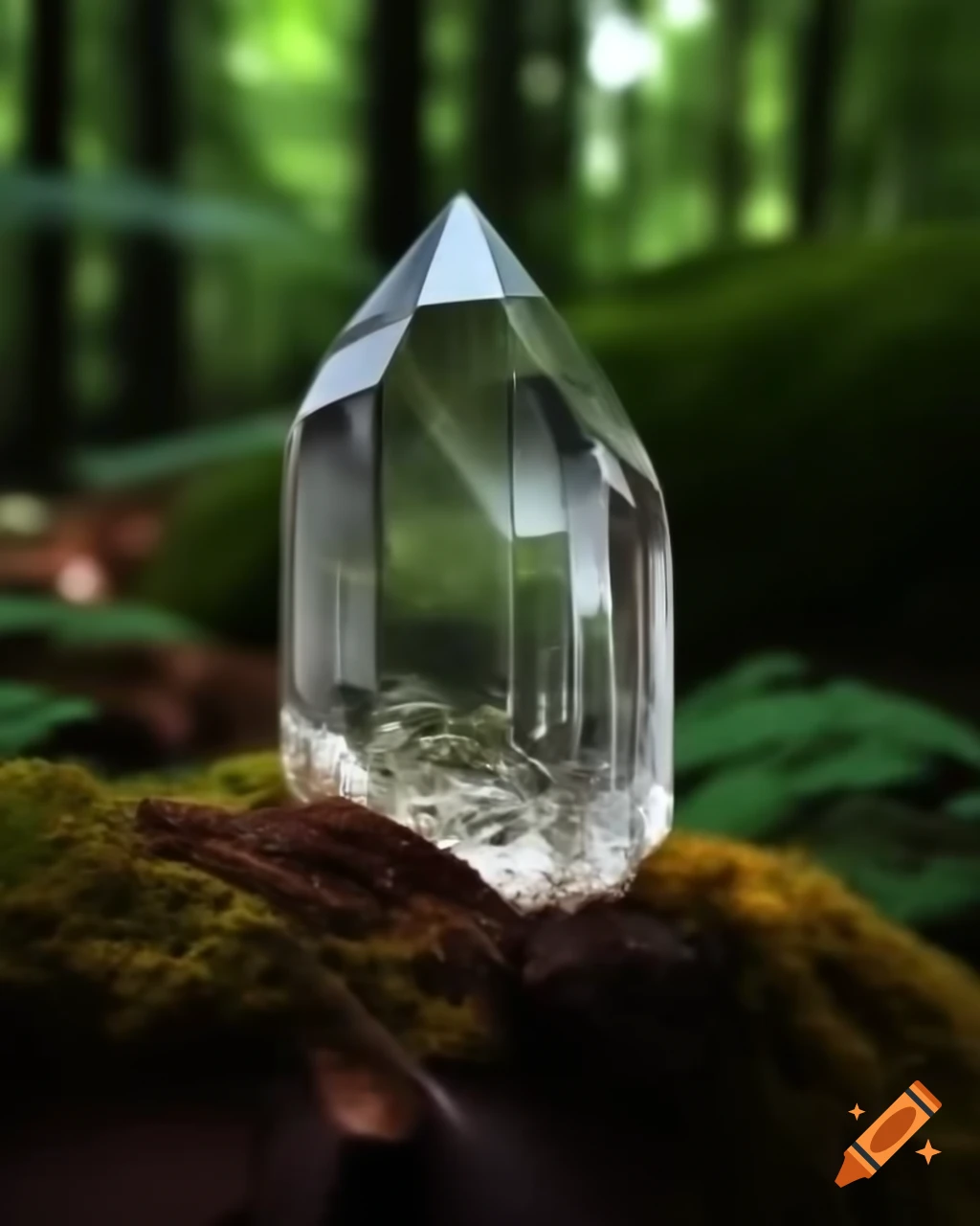 Glass crystal surrounded by forest greenery