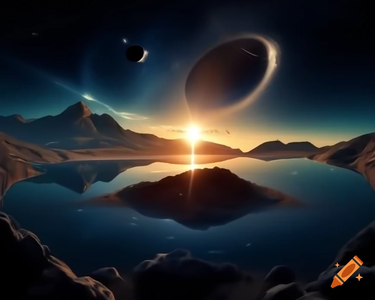 3D representation of mountain lake at sunset with sun rays and island