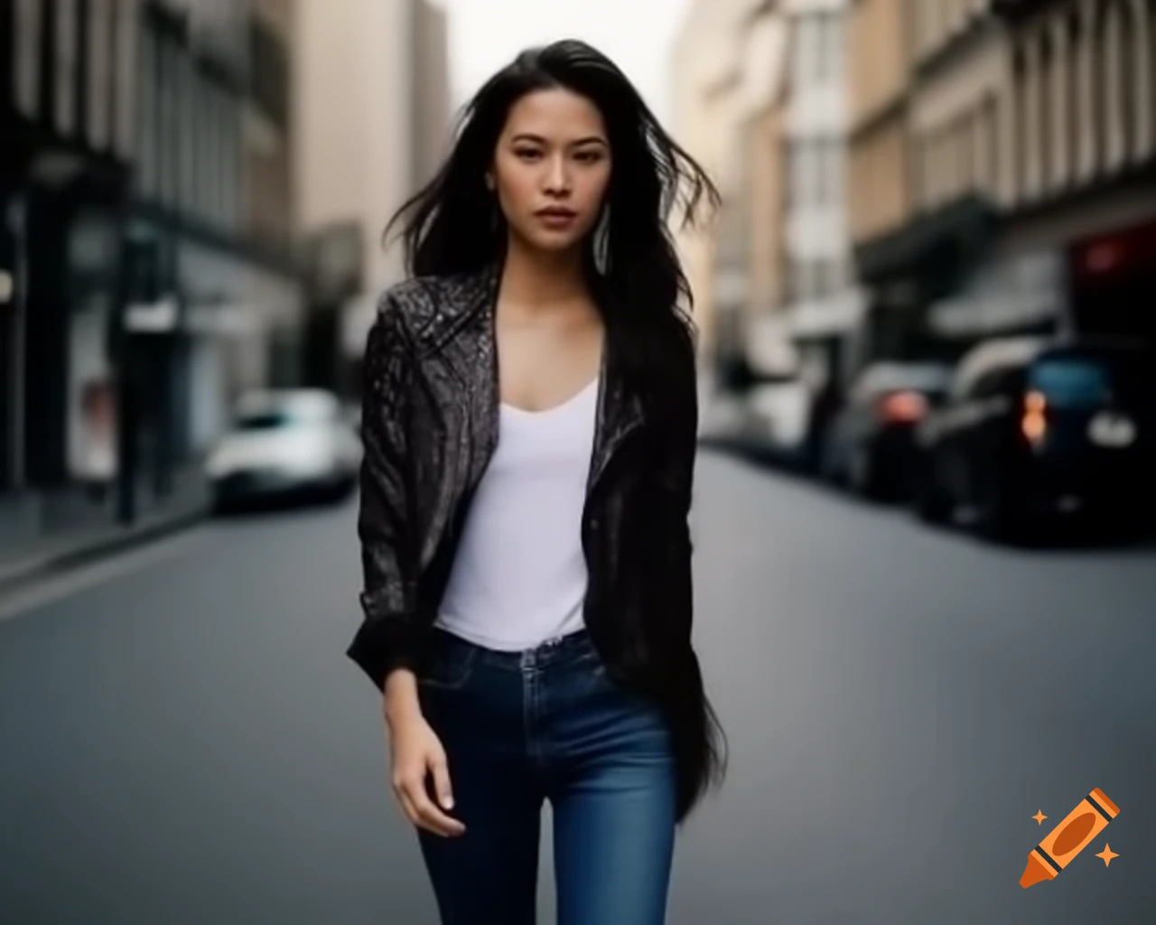 Woman walking in casual attire on city streets