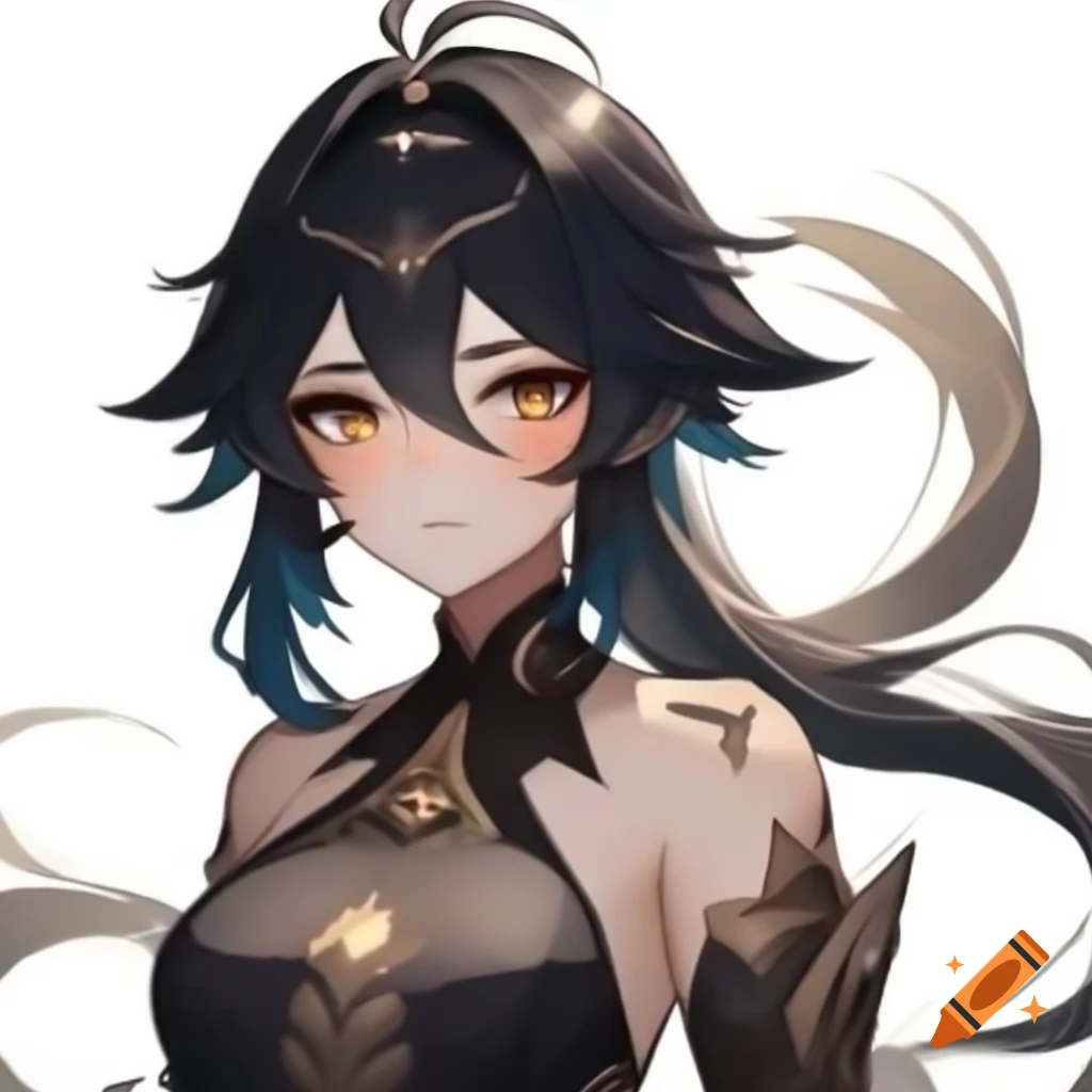 Genshin Impact concept art of female geo bow user with distinctive black and blonde hair