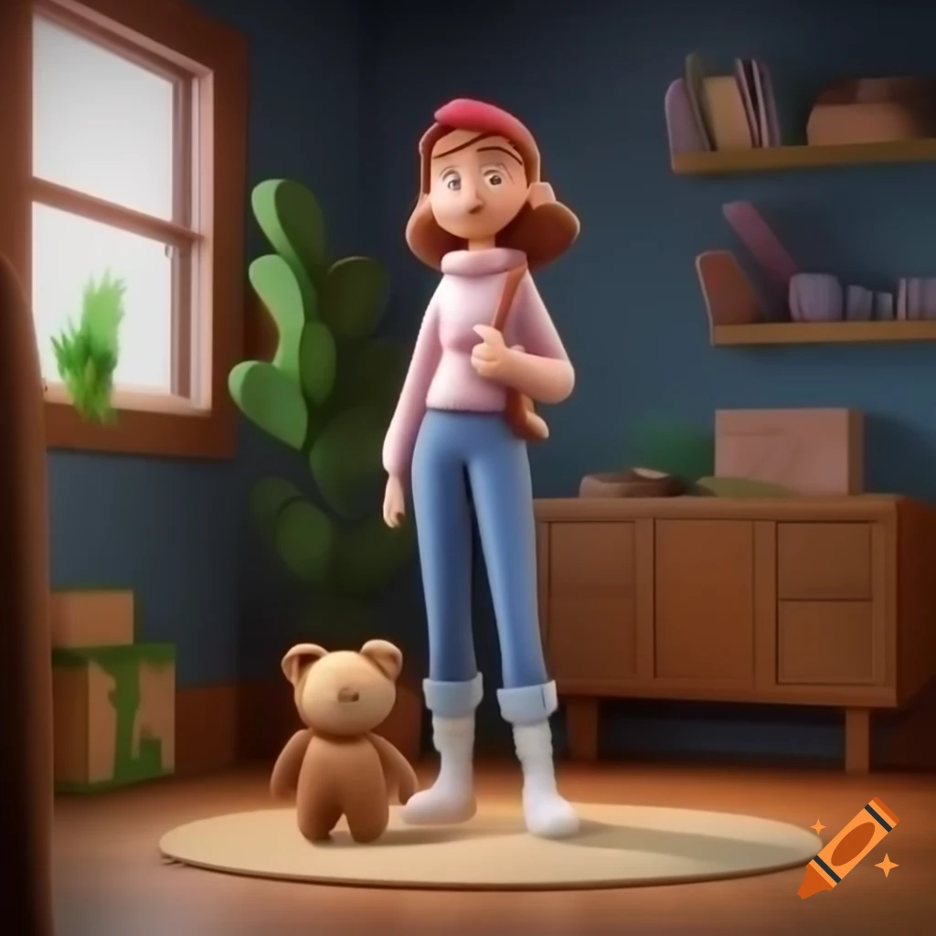 Casually dressed female character smiling in cozy room with plush bear toy, 3D cute style
