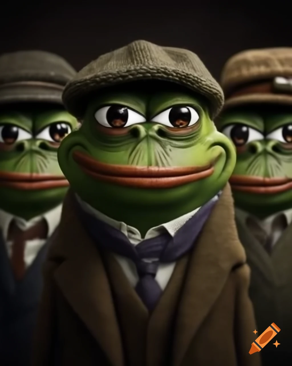 Angry Pepe memes wearing tweed hats and clothing, with cigarette