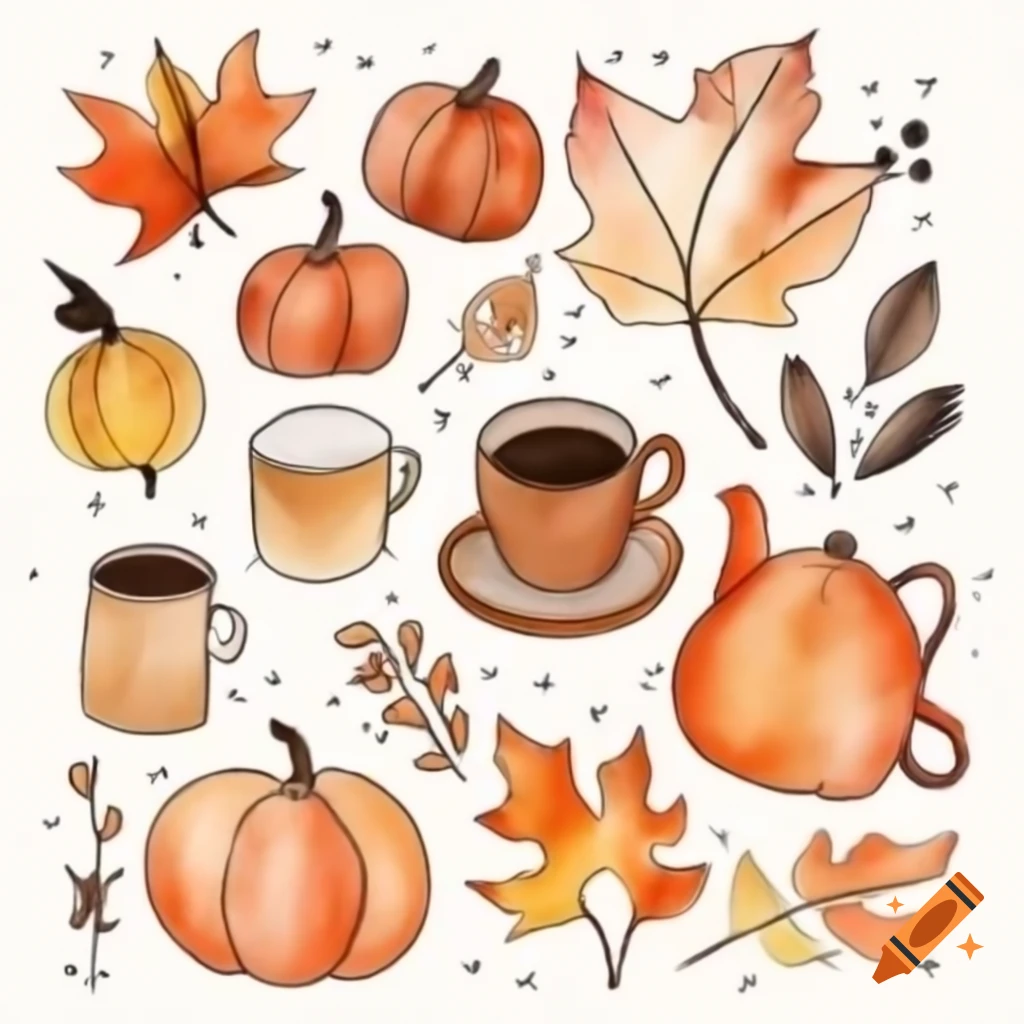 Coffee doodle in watercolor with fall colors