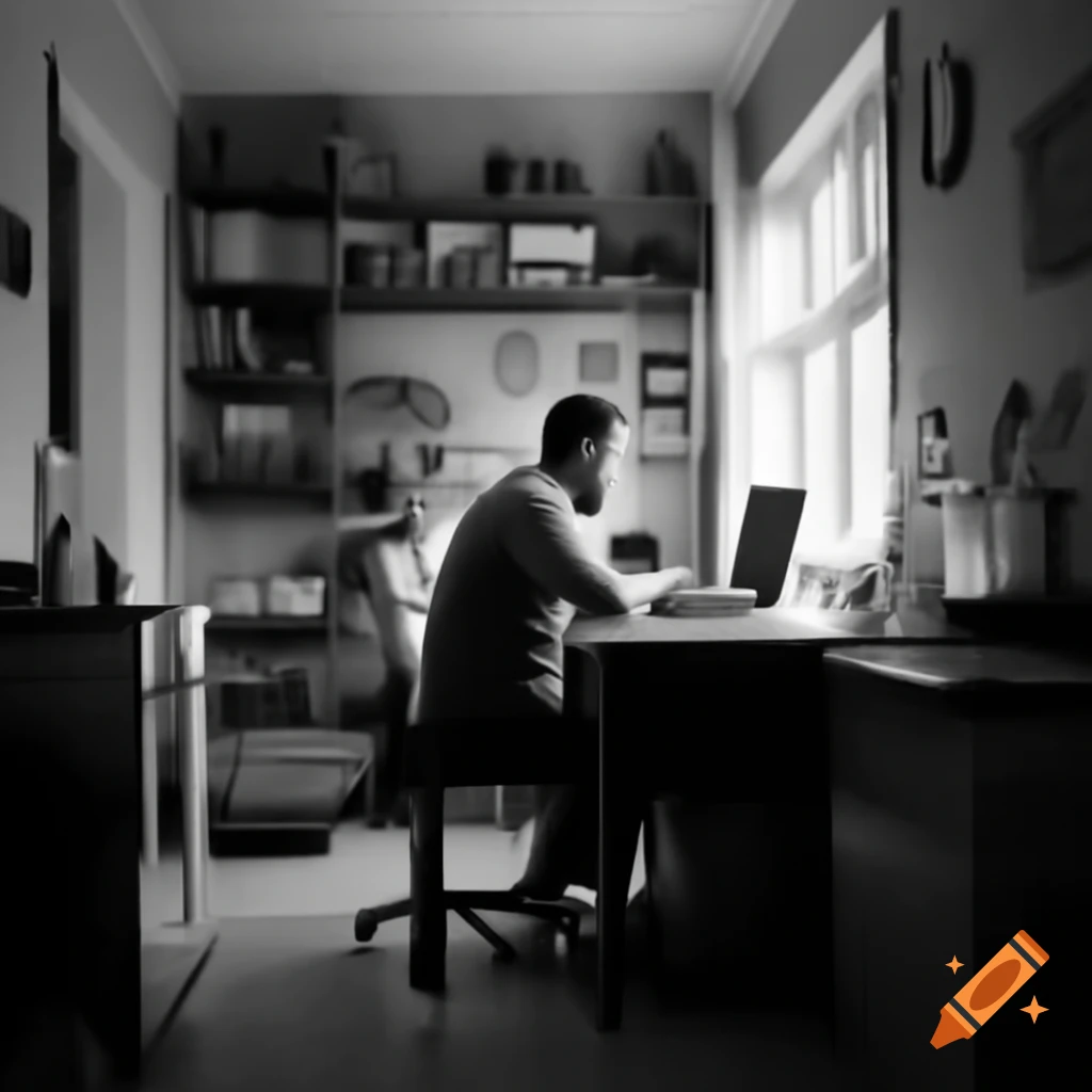 Realistic photo of a man working from home on a laptop with poor posture