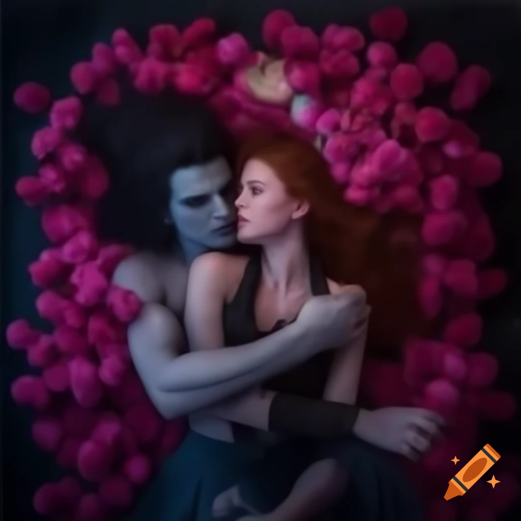 Fantasy digital artwork inspired by Hades, featuring a couple among pink flowers