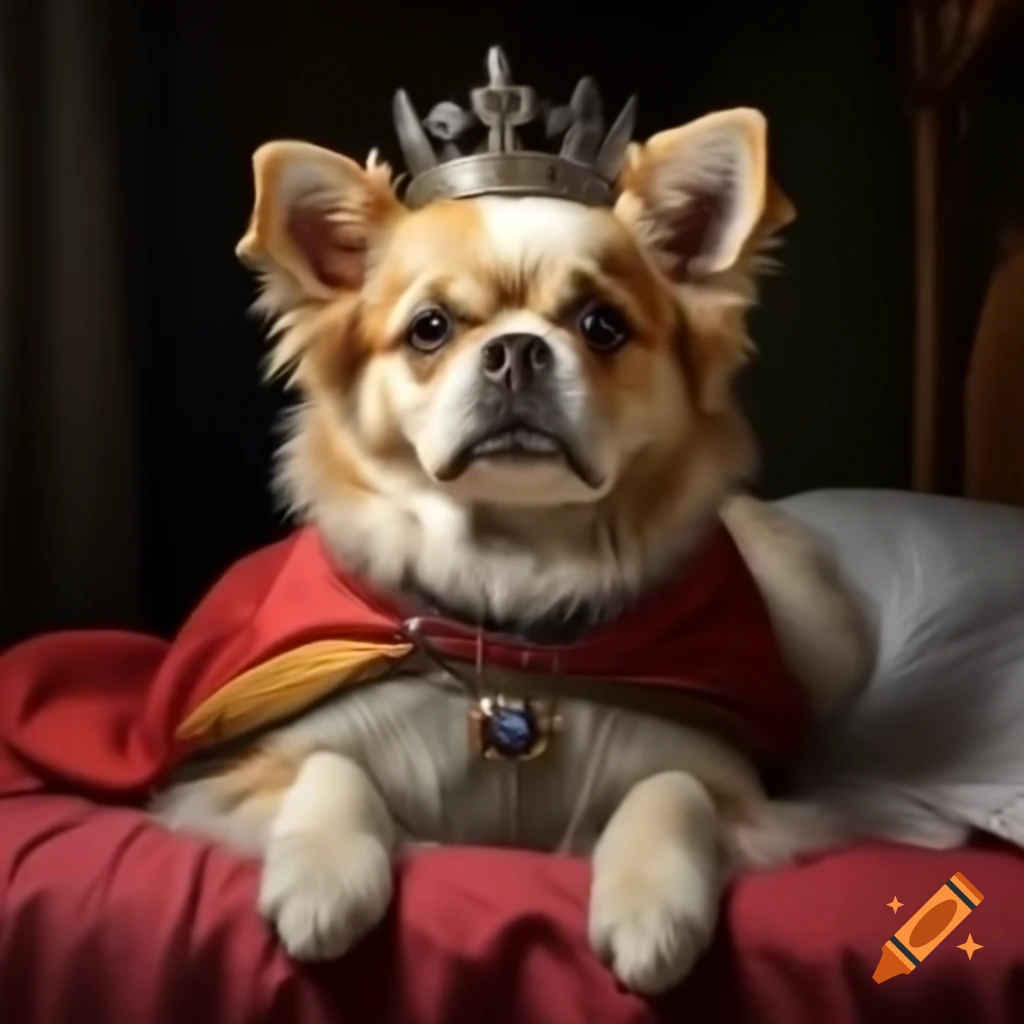 Fluffy dog in cape and crown surveying pet kingdom from comfy bed