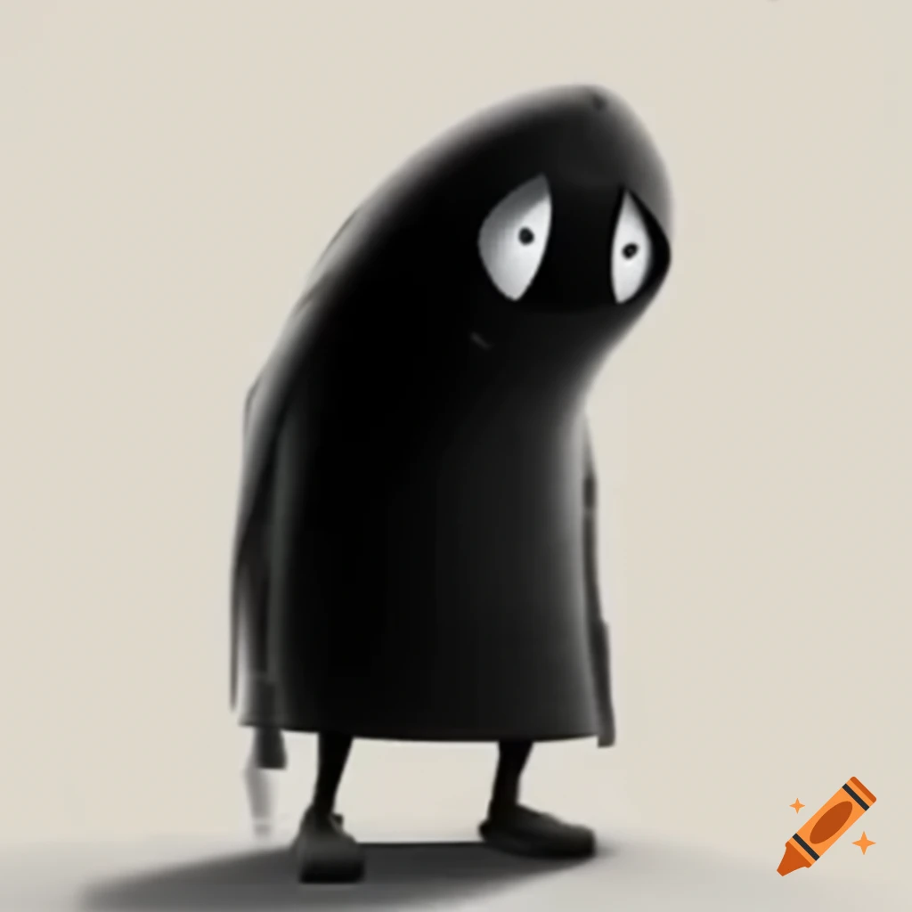 Character named Trauma with spiral body and large sad eyes, wearing a cloak