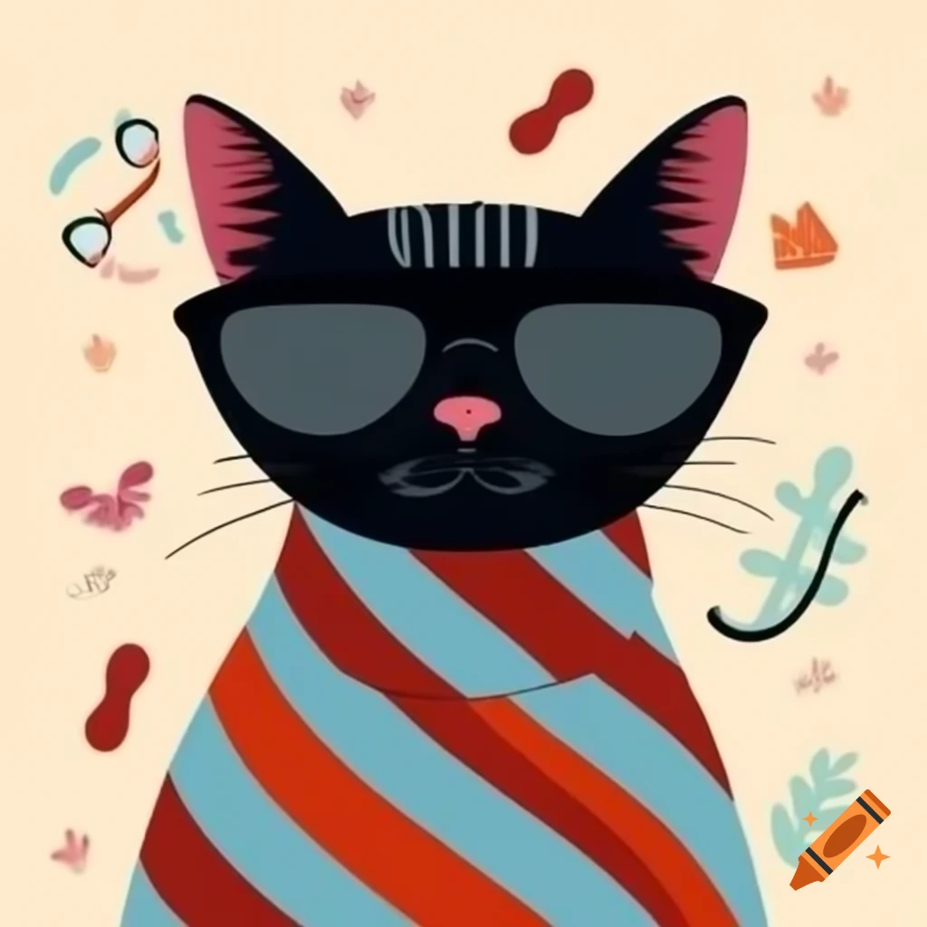 Cartoon art of black cat with pyjama stripes and sunglasses