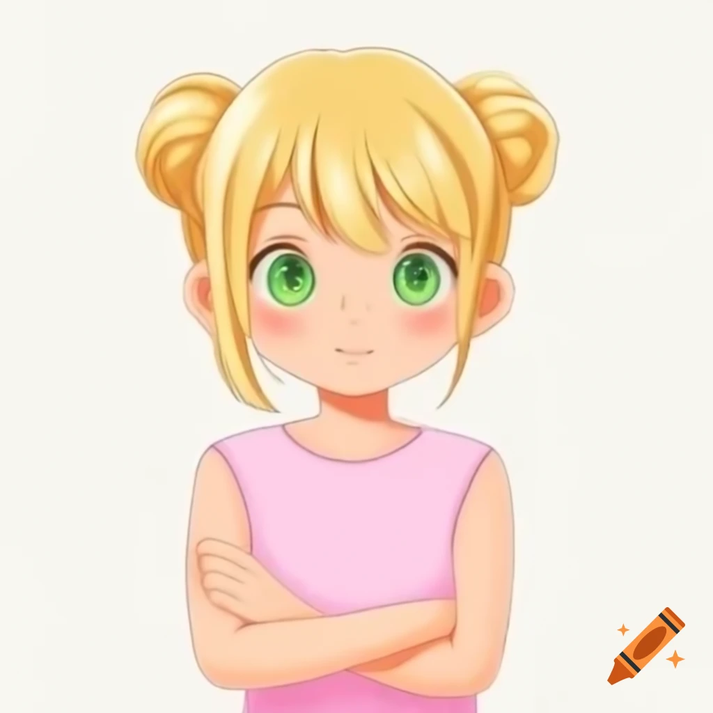 Anime girl with blonde hair and green eyes, crossed arms in pink t-shirt
