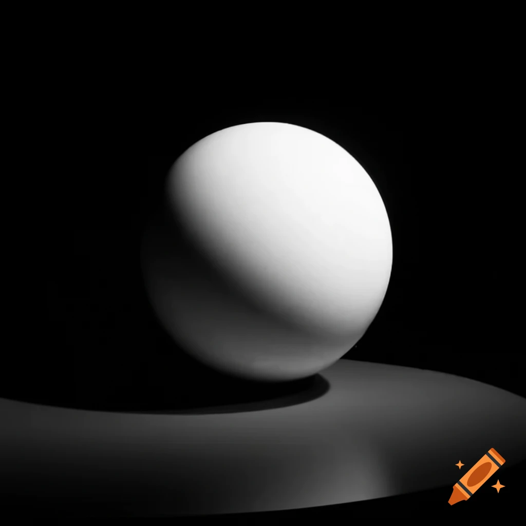 White sphere on table with black background and light from left