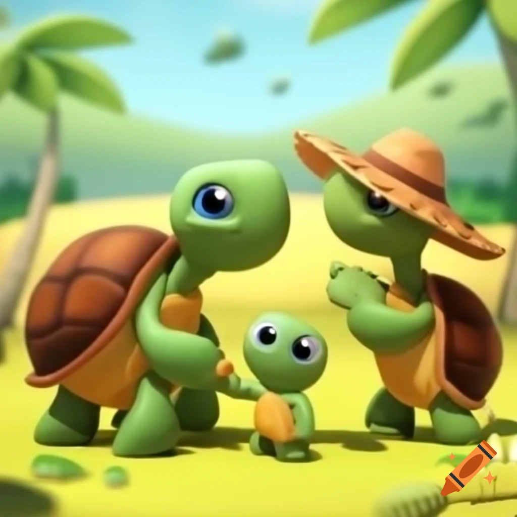 Cartoon turtle family with mom, dad, and baby turtle