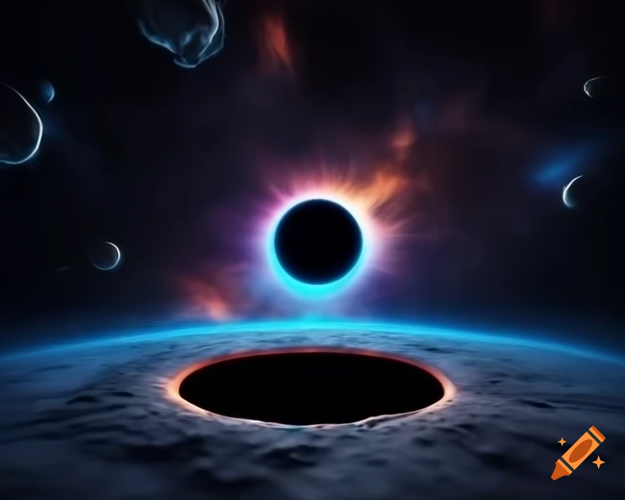 Hyperrealistic black hole in space surrounded by stars with blue and orange rim lights