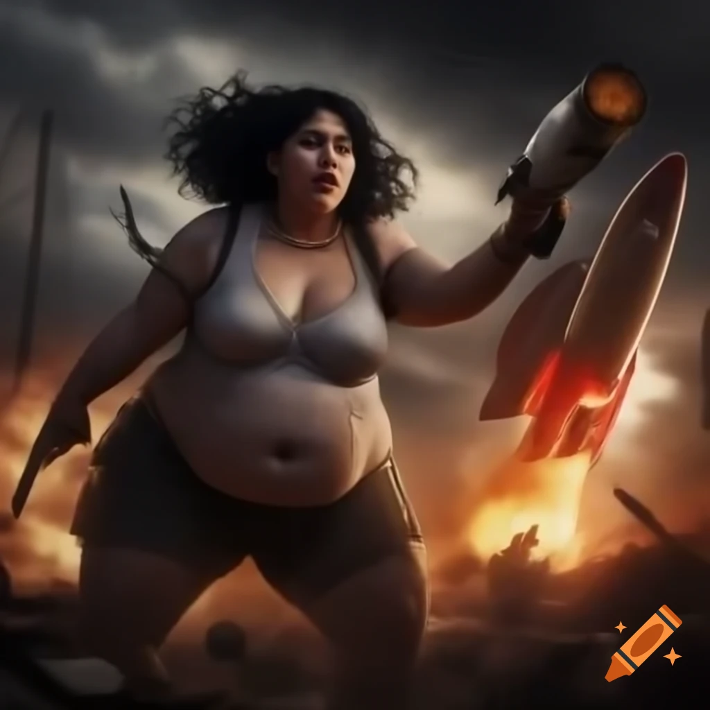 Plus-sized woman with black hair defending Gan Yavne from a rocket attack amidst explosions