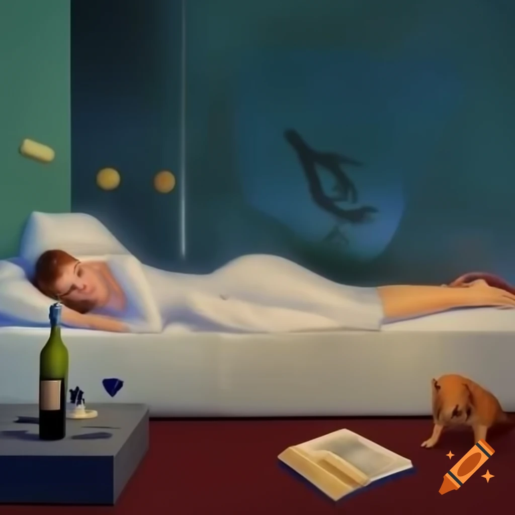 Surrealistic side view of woman in bed with dog, wine glass, and book