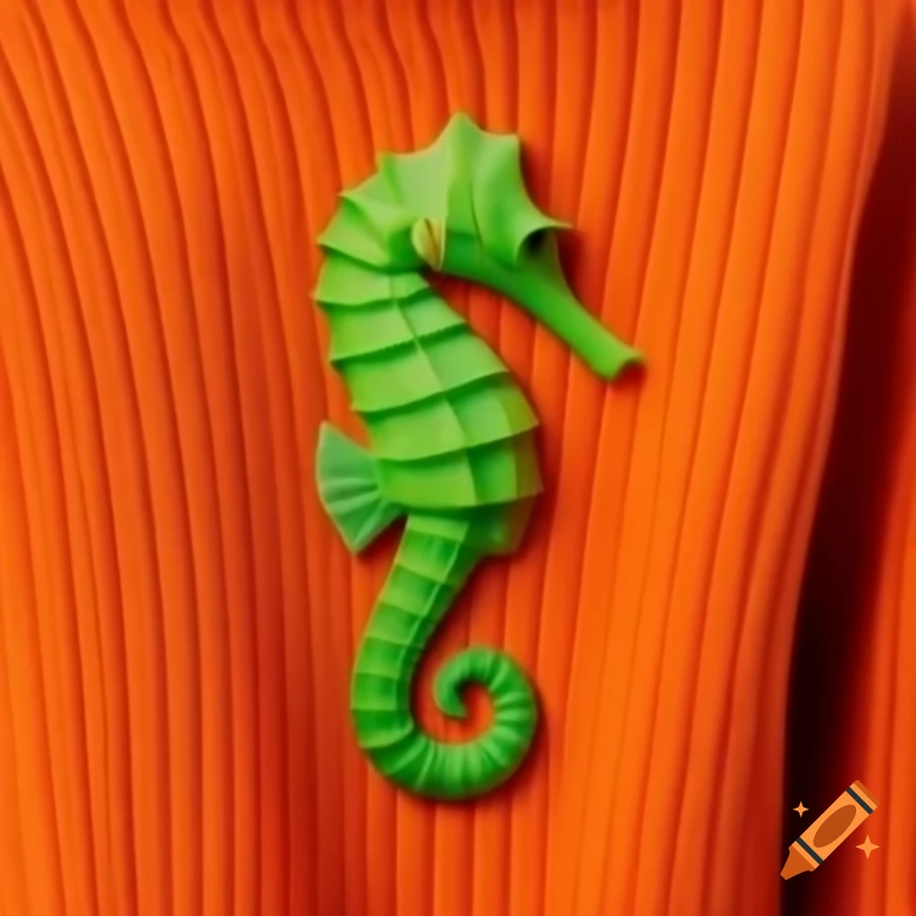 Orange sweater featuring a green seahorse design