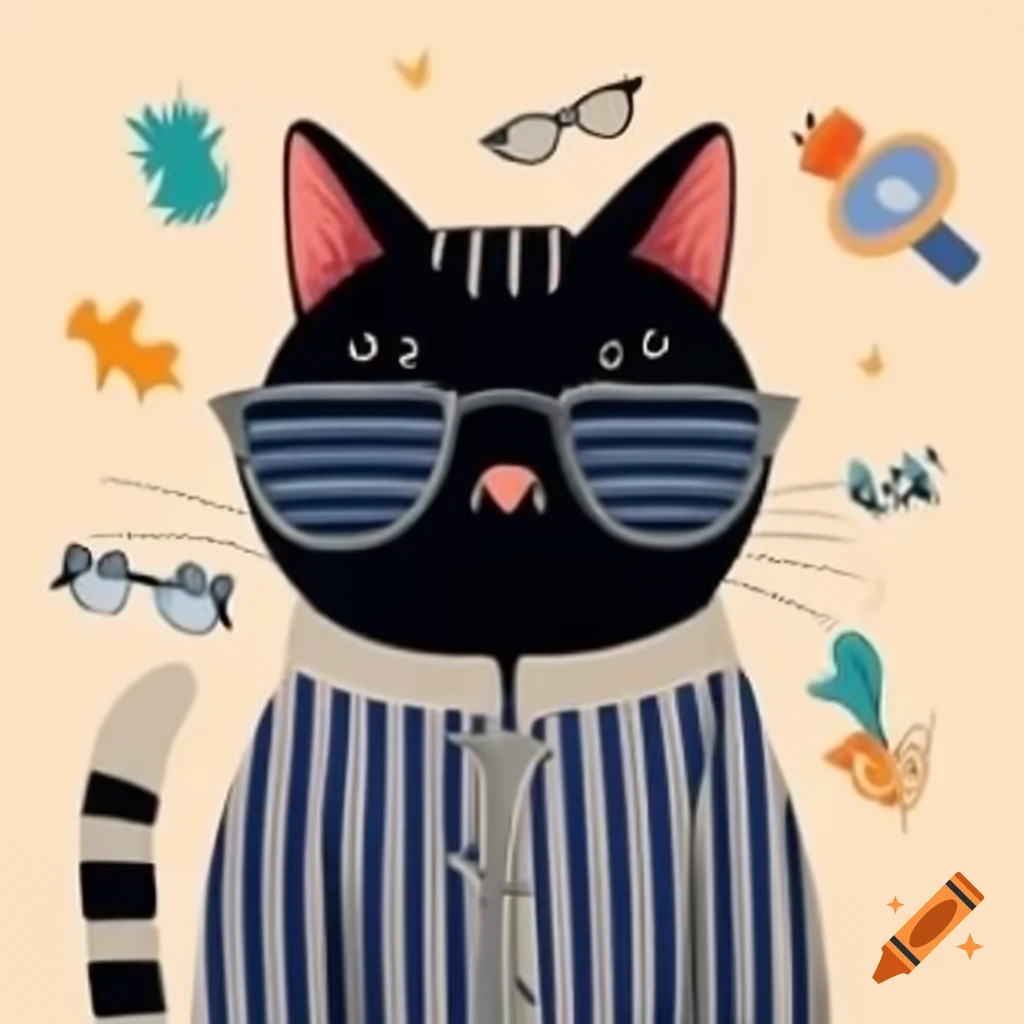 Cartoon art of black cat with pajamas and sunglasses