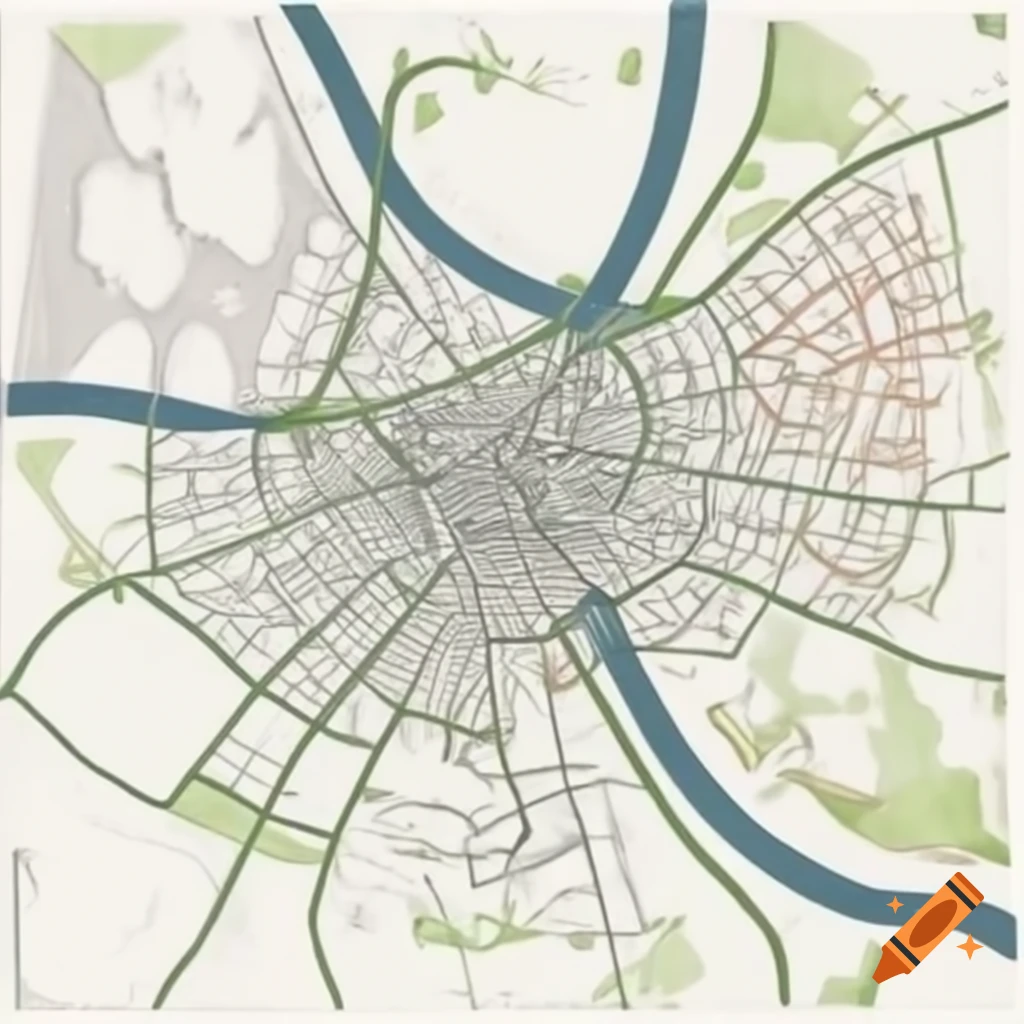 Intricate ancient illustration of a bustling city map with roads and parks