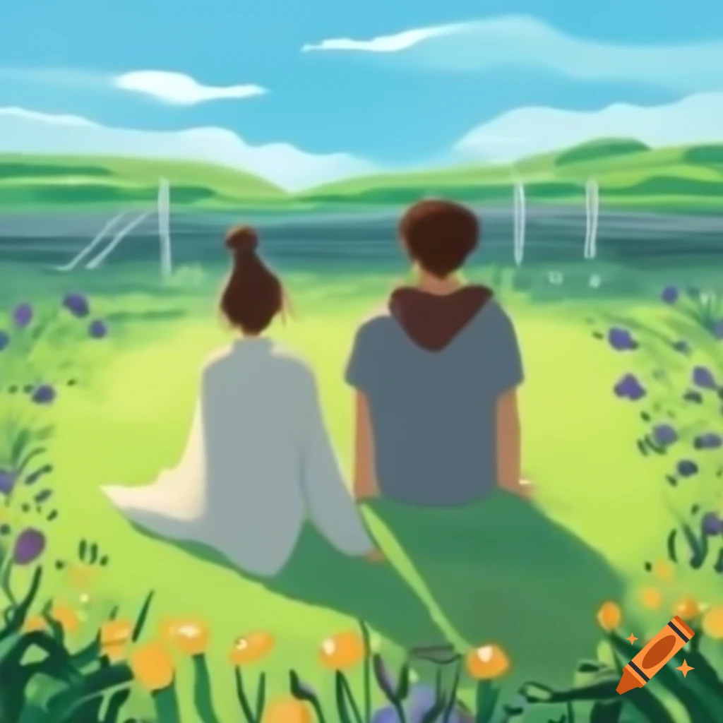 Okiyo-e illustration of couple in garden gazing at the sky