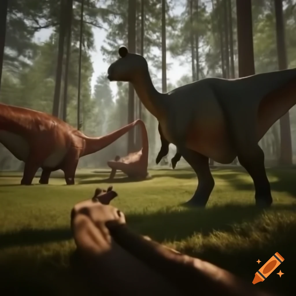 Three Hadrosaurus in sunny forest clearing with ferns and fallen tree