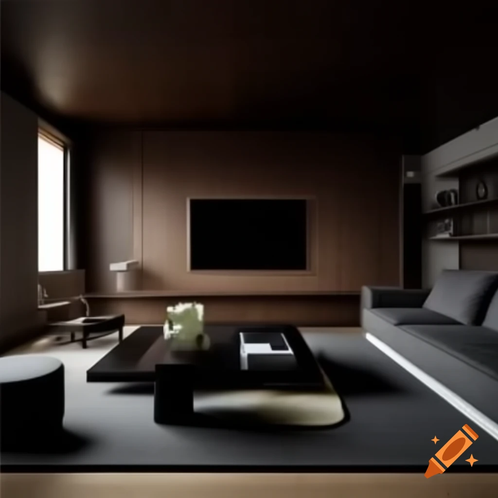 Minimalist Japanese style living room with dark furniture