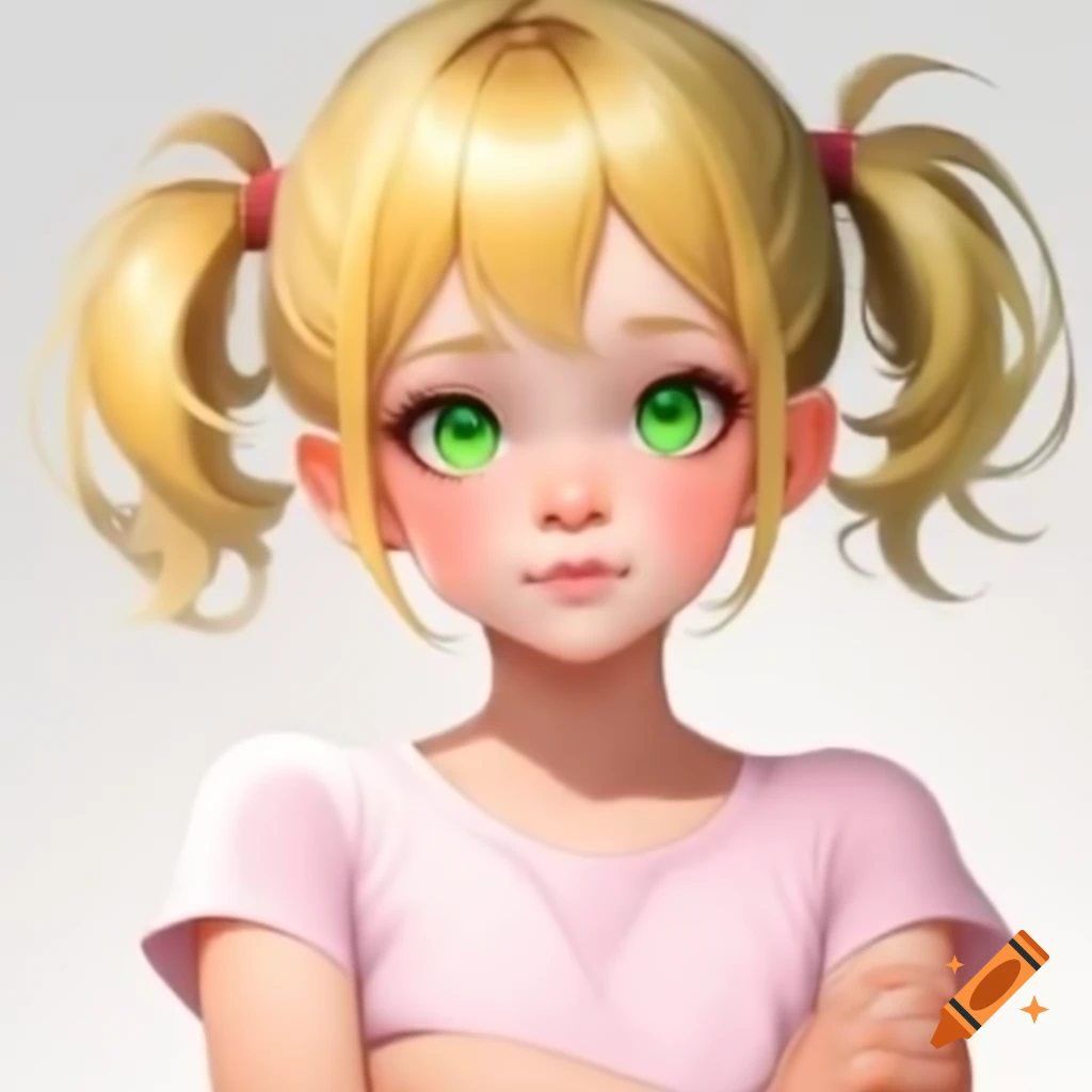 Anime girl with blonde hair and green eyes, wearing pink sleeveless t-shirt and crossed arms