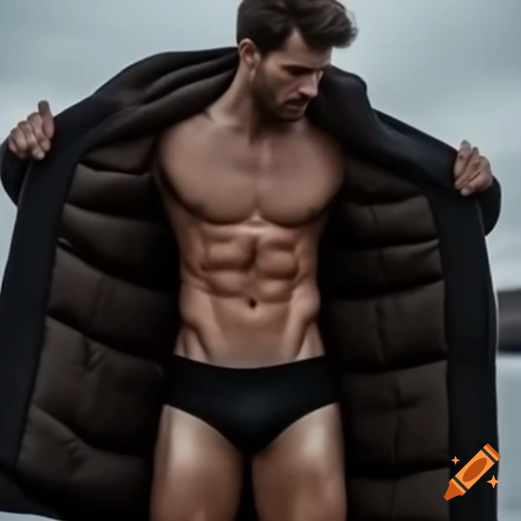 Man in swimsuit and winter sweater on chilly day