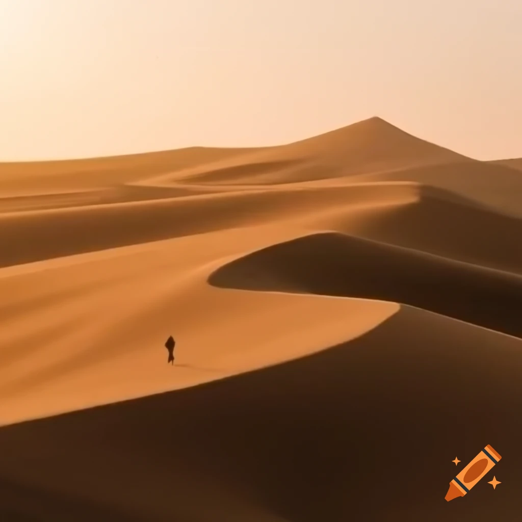 Solitary figure walking on vast sand dunes with warm glowing light