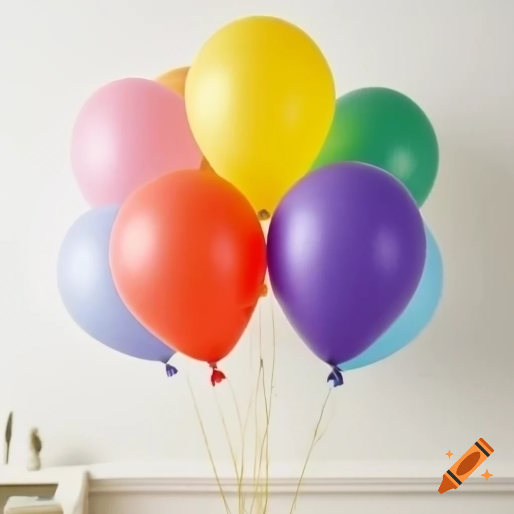 Nine colorful balloons tied with golden twine in vibrant colors