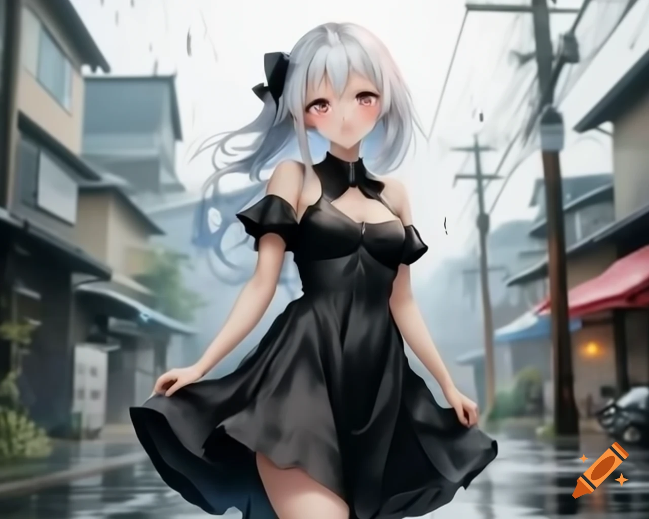 Anime woman with white hair in black dress on a rainy day, photorealistic