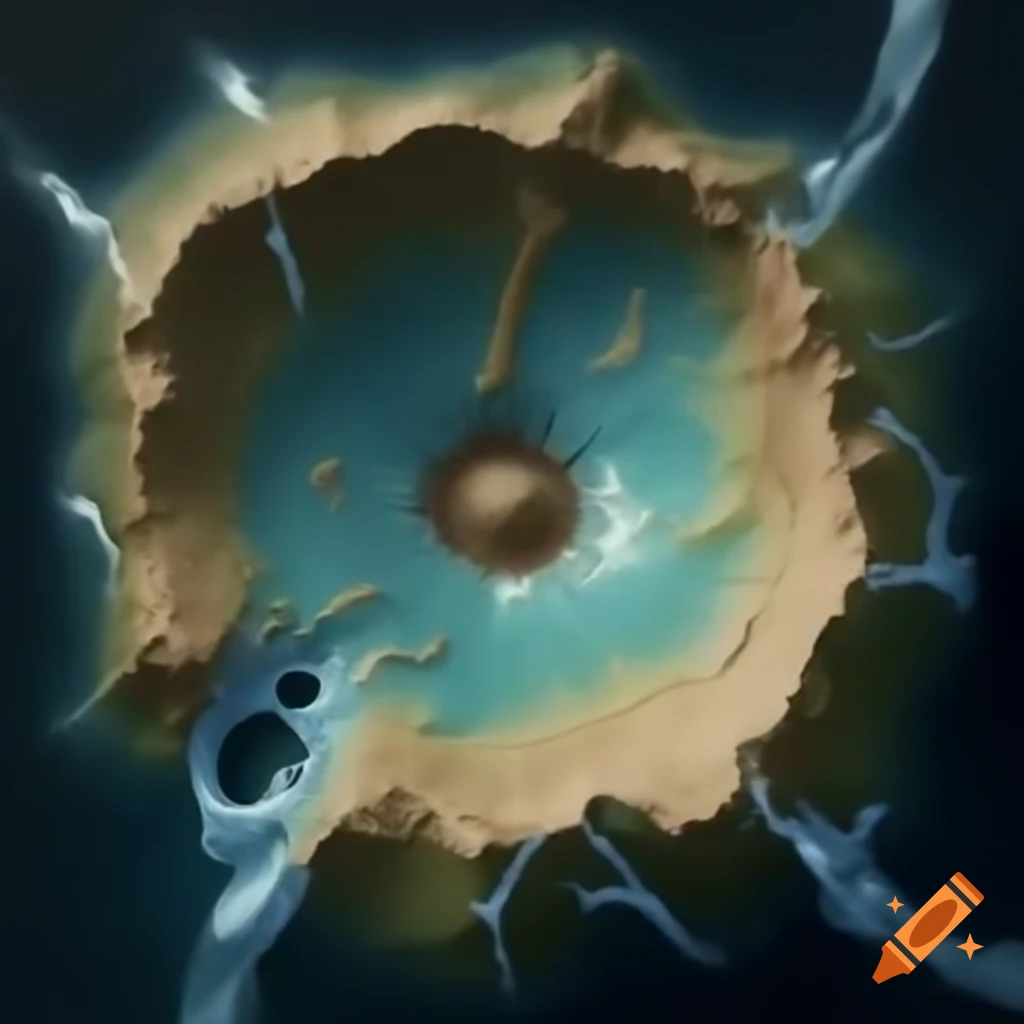 Battle map featuring seaport and large crater with flowing water