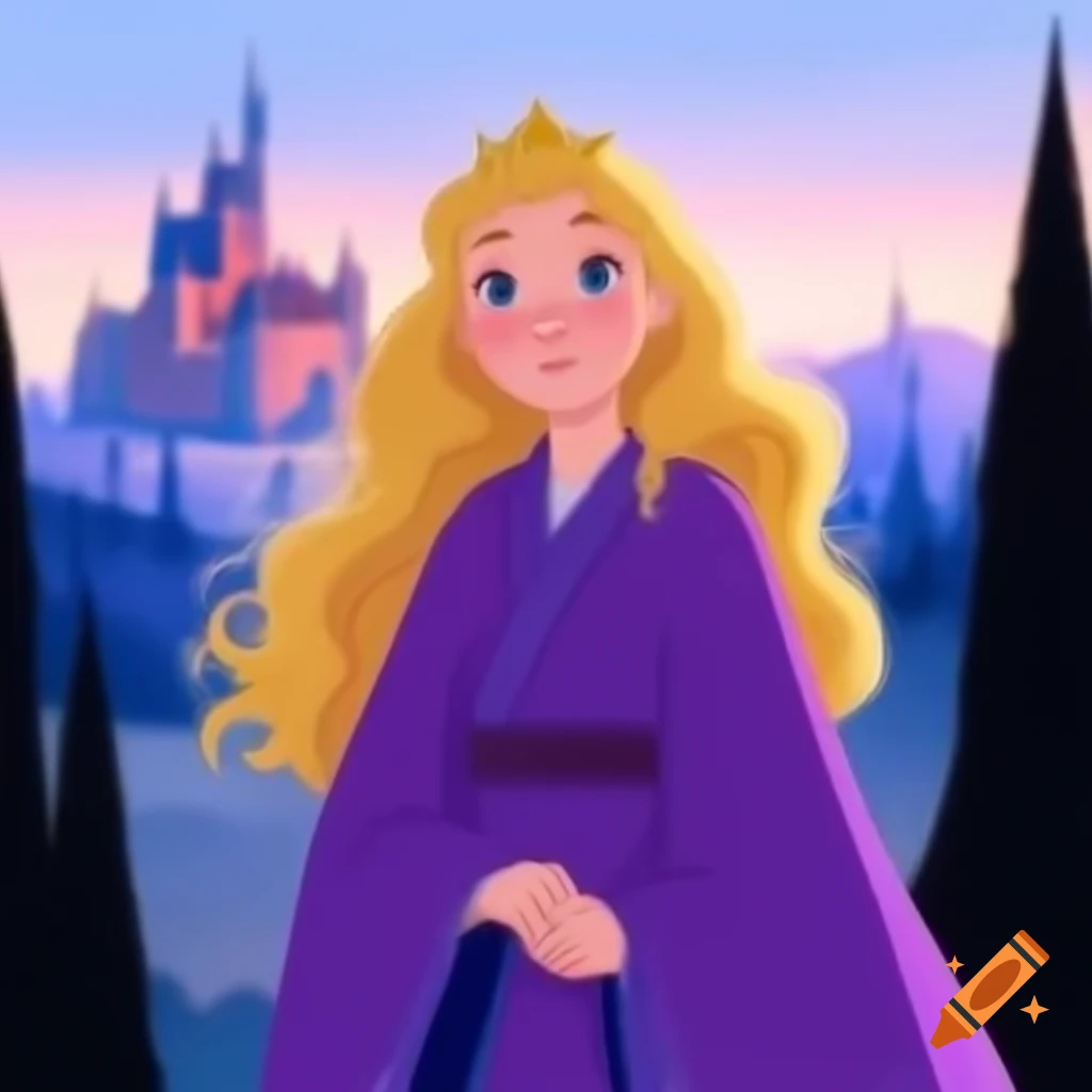 Young woman princess in purple robe with blonde hair, castle and forest in springtime