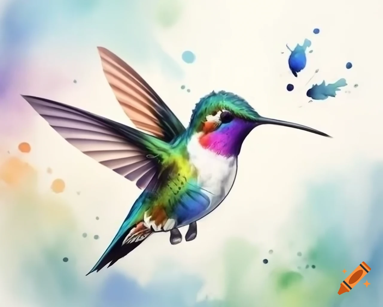Hummingbird in watercolor rainbow shades flying in cartoon style