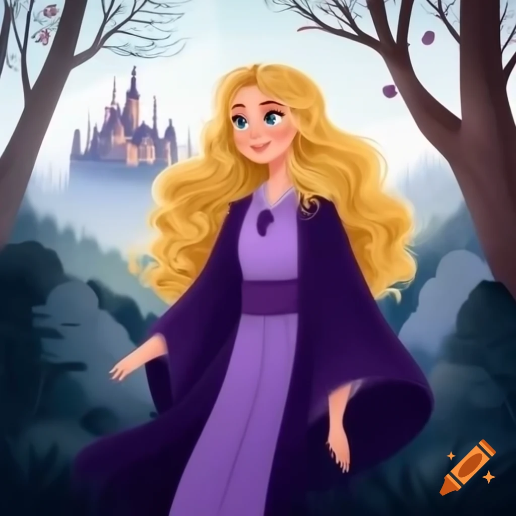 Young princess in purple robe with long wavy blond hair near castle and forest in springtime