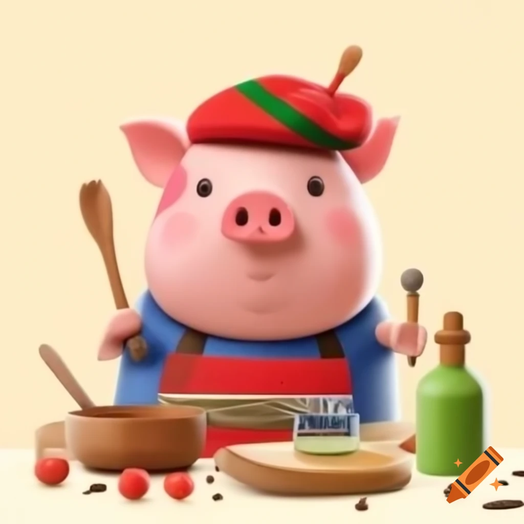 Pig in Basque beret cooking with wooden spoon